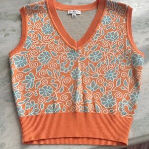 Orange and Blue Floral Knit Sweater Vest Size Small